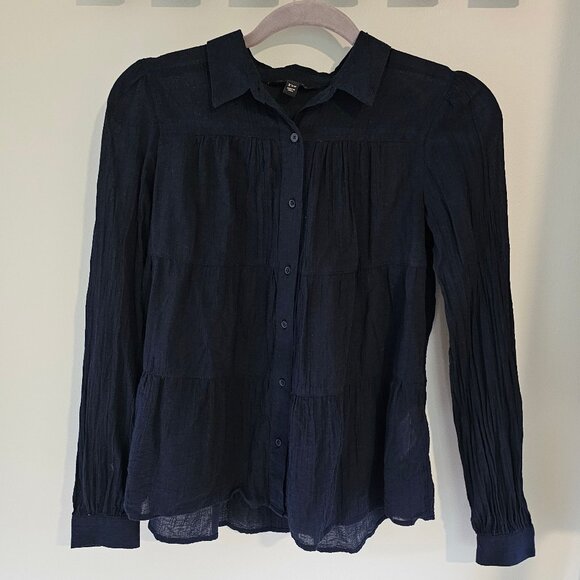 Women's Banana Republic Tiered Navy Blue Long Sleeve Button Front Blouse - Picture 3 of 9